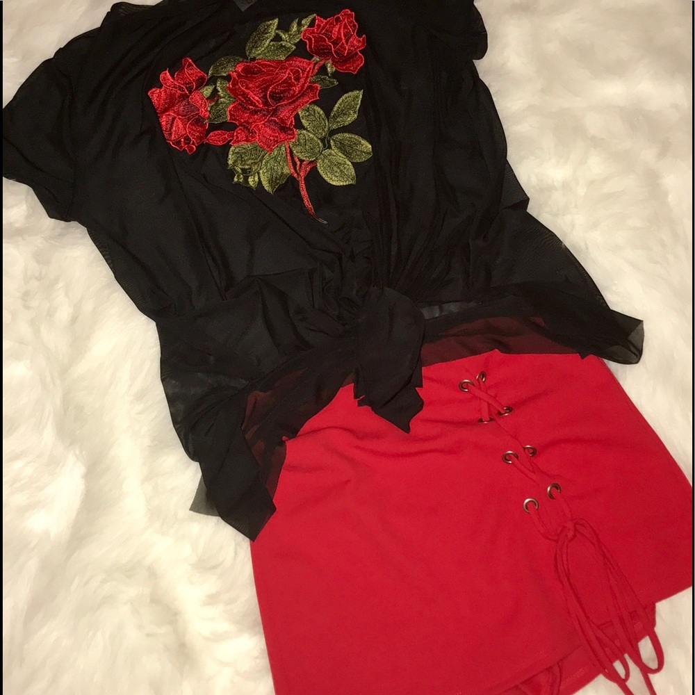 Black Sheer short sleeve top w/matching red skort