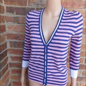 J Crew Stripe Gauze Cardigan - pink/navy - XS