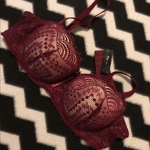 Maroon & Beige Lace Padded Push Up Bra 34B