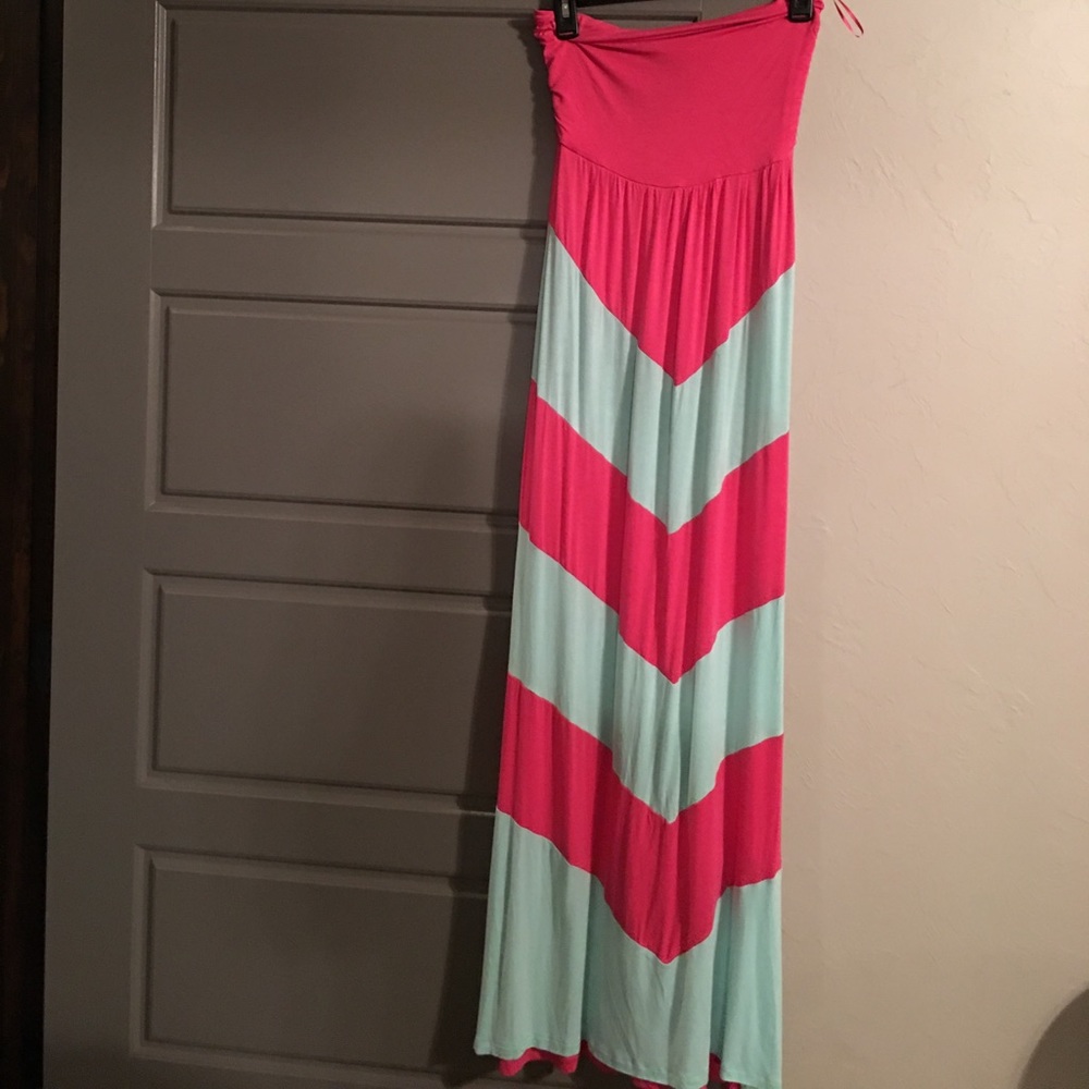 Strapless bluish green and hot pink chevron dress