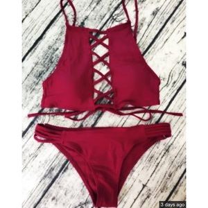 Wine colored lace up bikini set