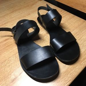 black faux leather sandals
