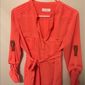 Calvin Klein coral long sleeve belted top