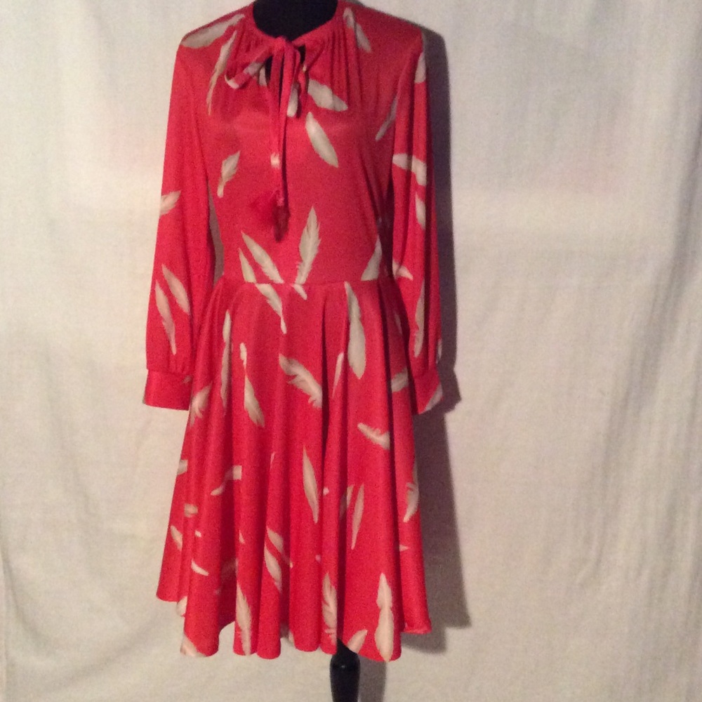 1970's Red Polyester Dress with a Feather Print