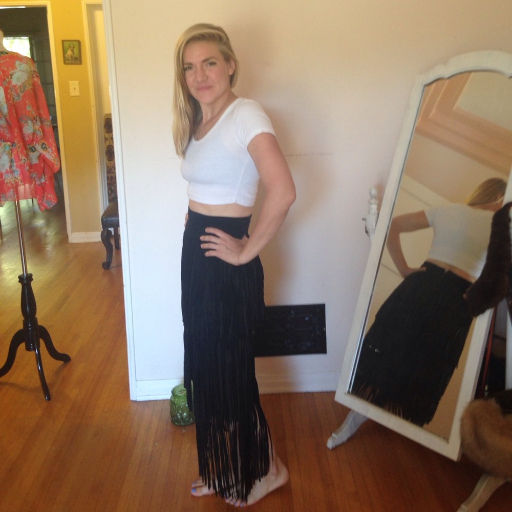 Vintage 100% black suede tiered fringe skirt