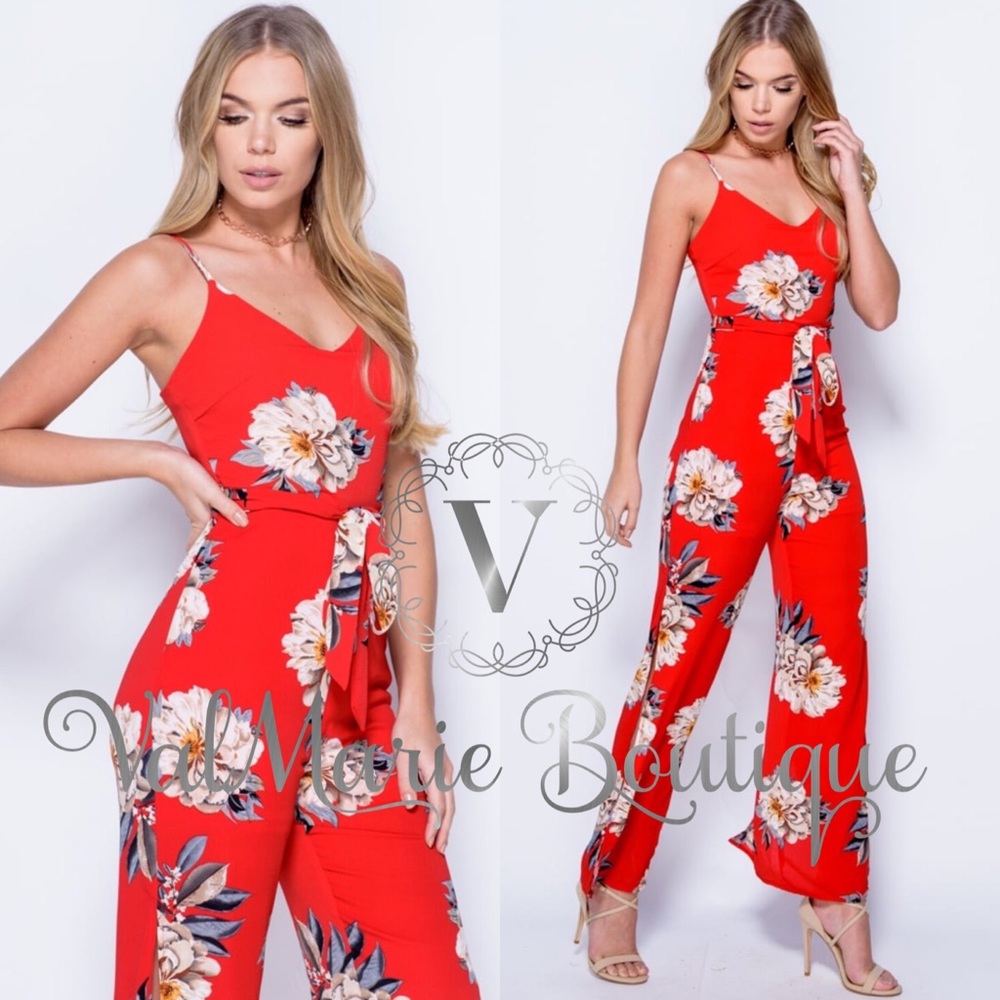 📍CLEARANCE 📍Red Floral Side Slit Sexy Jumpsuit - Picture 2 of 4