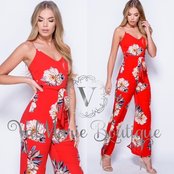 ValMarie Boutique Pants - 📍CLEARANCE 📍Red Floral Side Slit Sexy Jumpsuit ValMarie Boutique Pants - 📍CLEARANCE 📍Red Floral Side Slit Sexy Jumpsuit