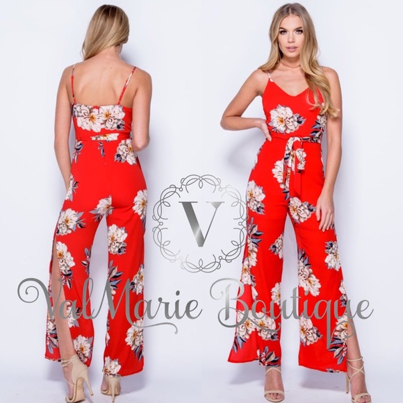 ValMarie Boutique Pants - 📍CLEARANCE 📍Red Floral Side Slit Sexy Jumpsuit ValMarie Boutique Pants - 📍CLEARANCE 📍Red Floral Side Slit Sexy Jumpsuit