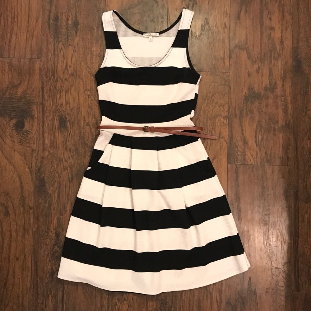 Black & White Striped Pleated Dress