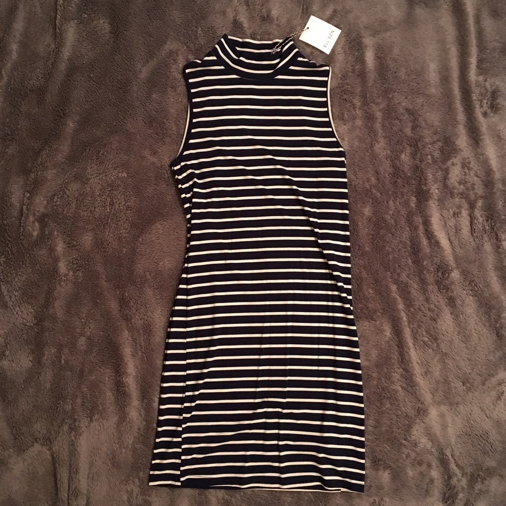 Sleeveless Mock Neck Striped Blue Dress