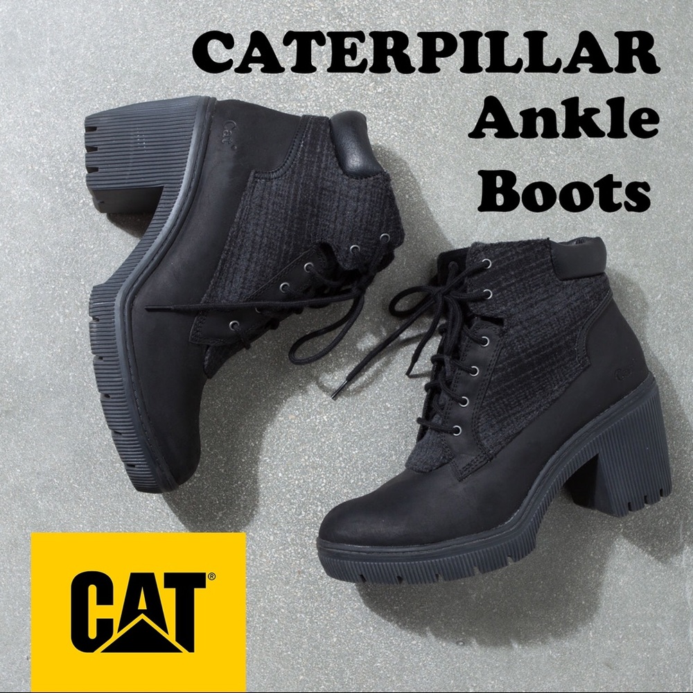 Black CATERPILLAR Heeled Platform Ankle Boots