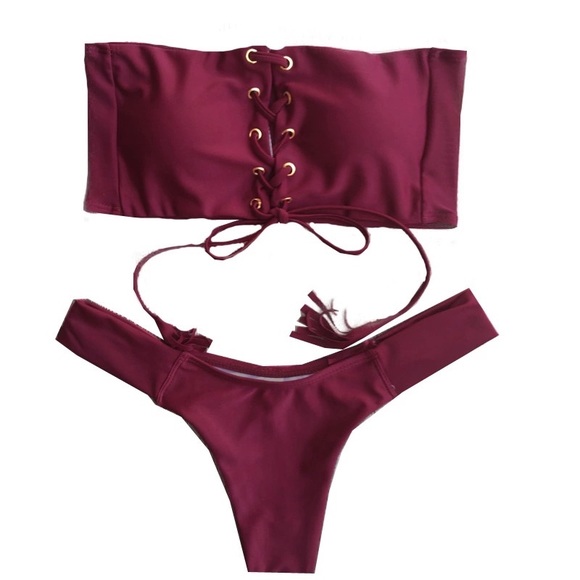 Baby Blue/ Red Bandeau Lace Up Bikini - Picture 2 of 5