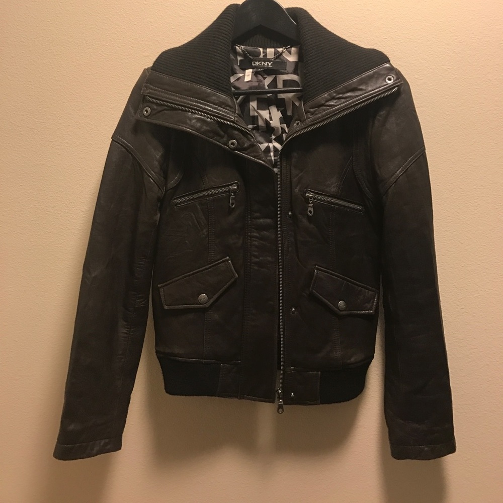 DKNY brown leather moto jacket