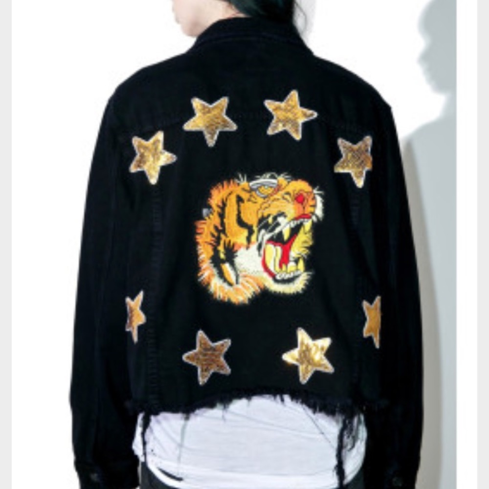 taiga embroidered tiger black denim jacket