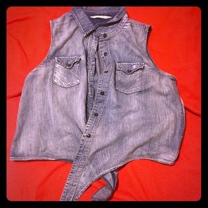 Sleeveless Button Tie Front Denim Shirt