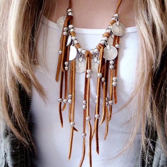 Boho leather coins and long tassels spray necklace - Picture 1 of 3
