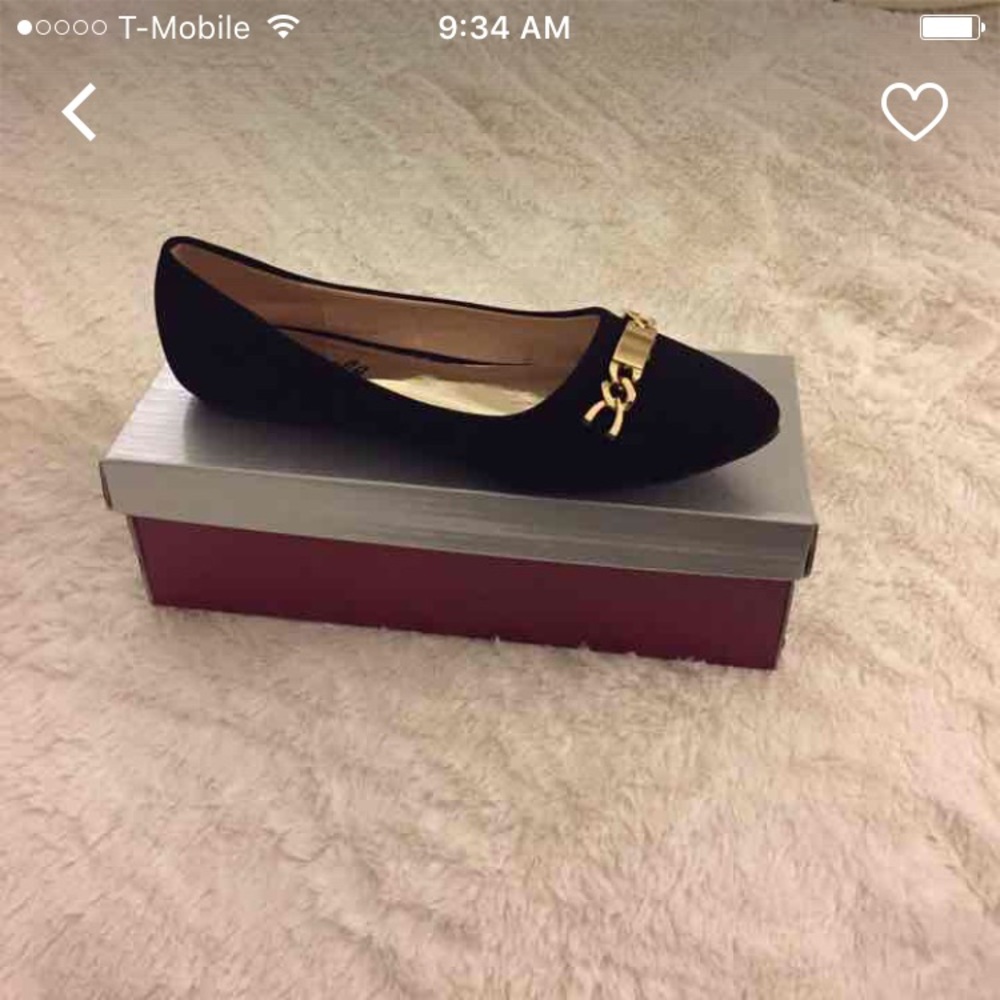 Black with Gold Buckle Almond Toe Flats
