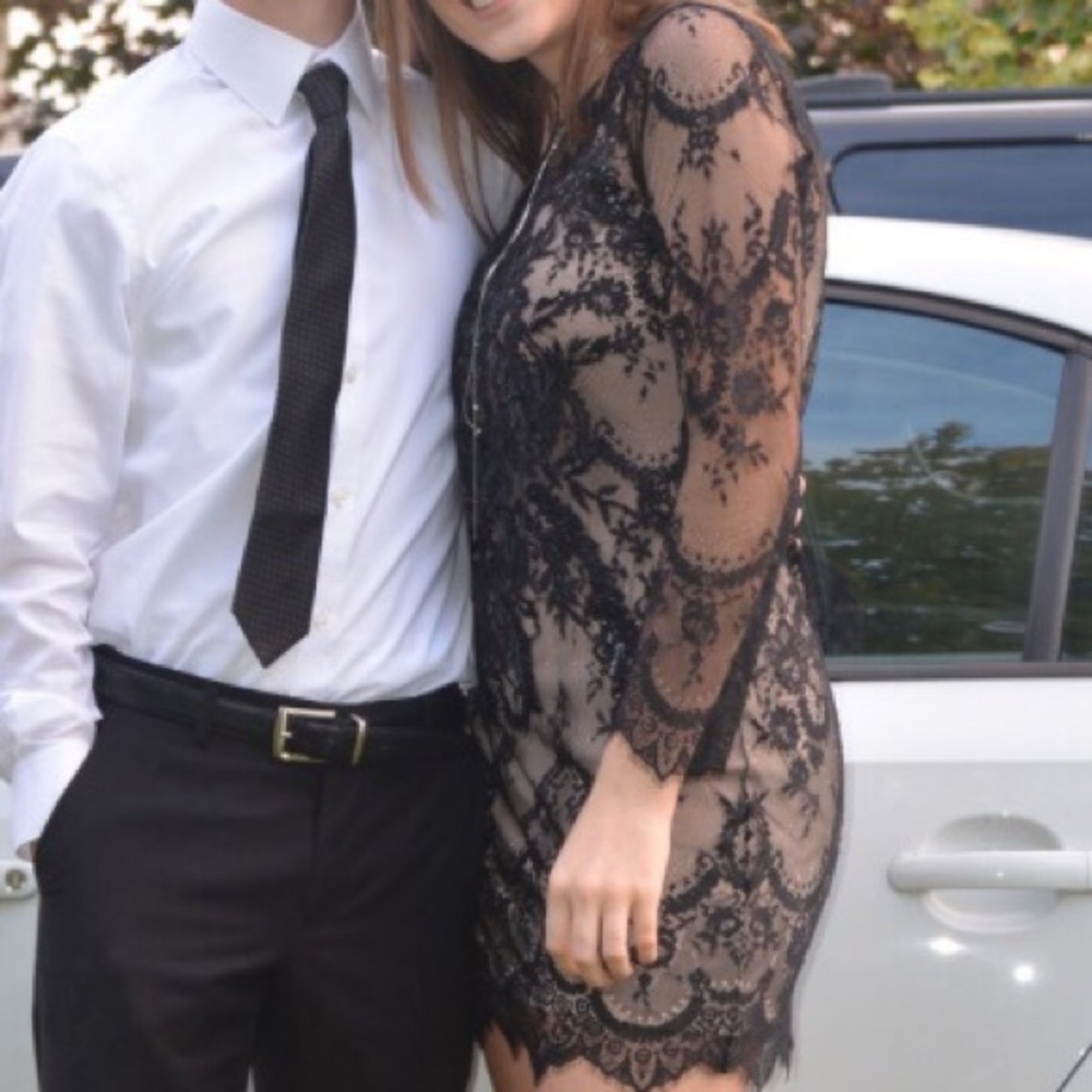 Black lace dress, nude slip underneath