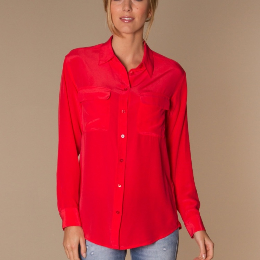 Equipment Silk Long Sleeved Front Pocket Blouse
