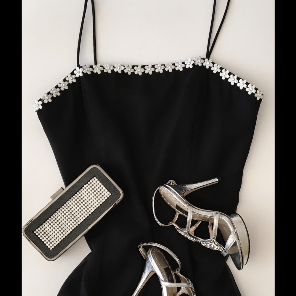 Black full length prom gown with rhinestone detail