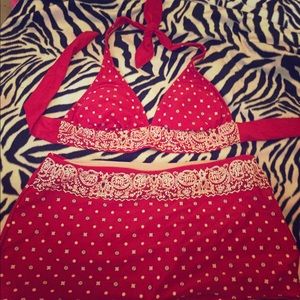 Red paisley bikini + swim skirt!!