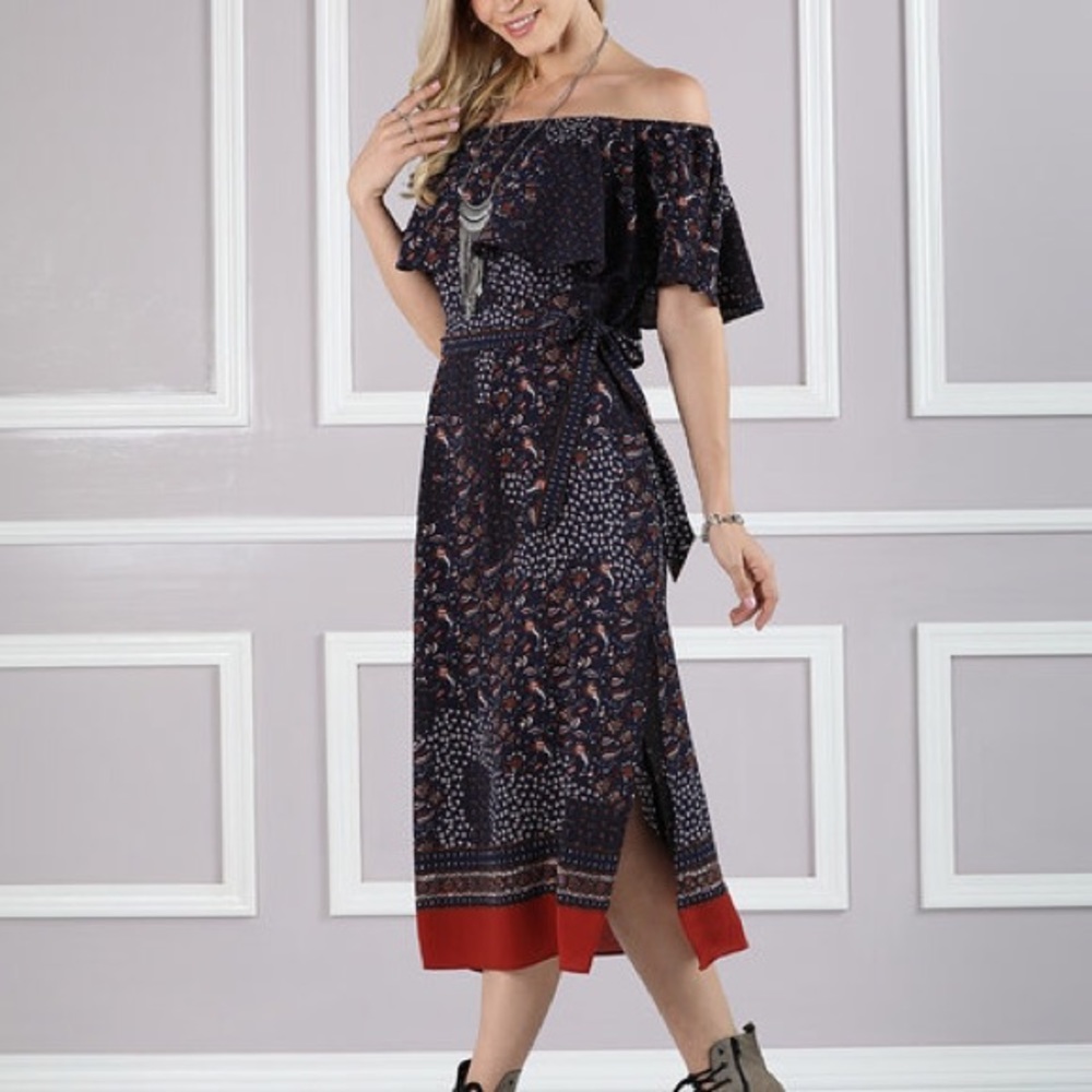 Suzanne Bentro Navy Off shoulder scarf print dress