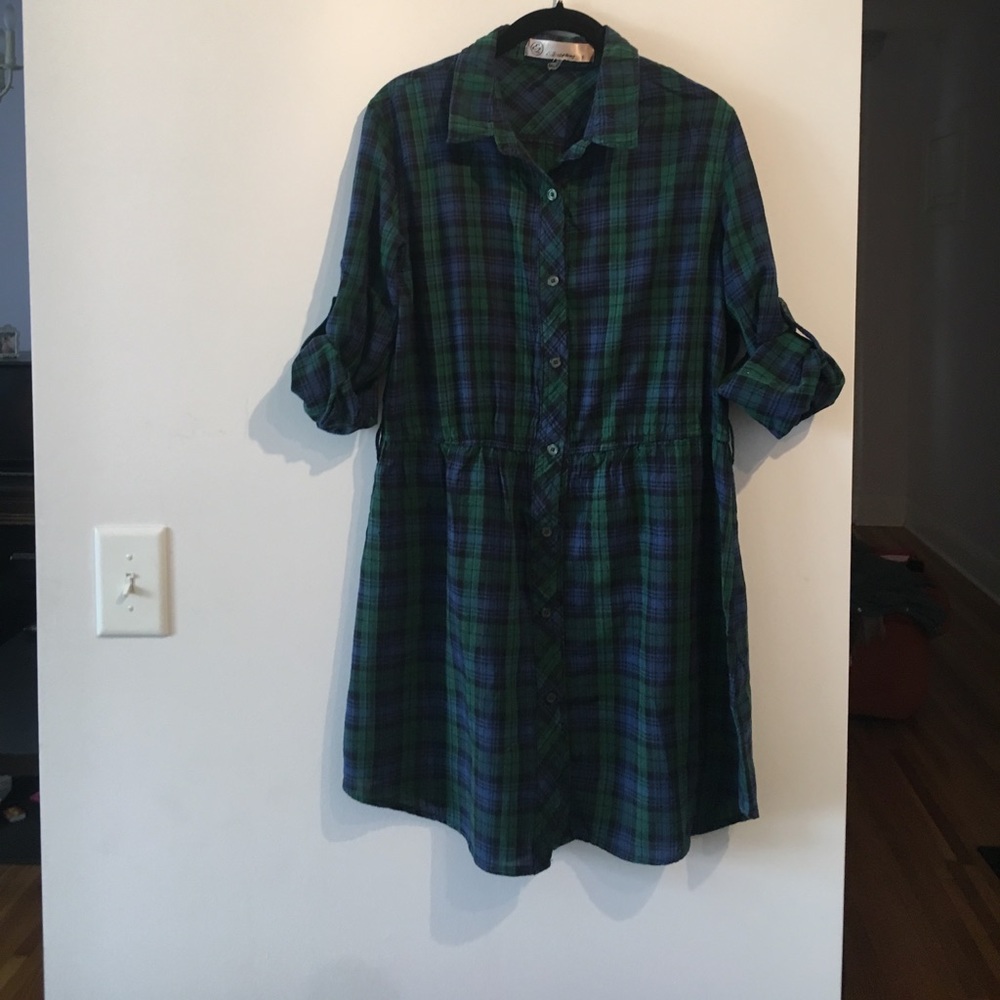 Green and Blue Plaid Shirt Dress