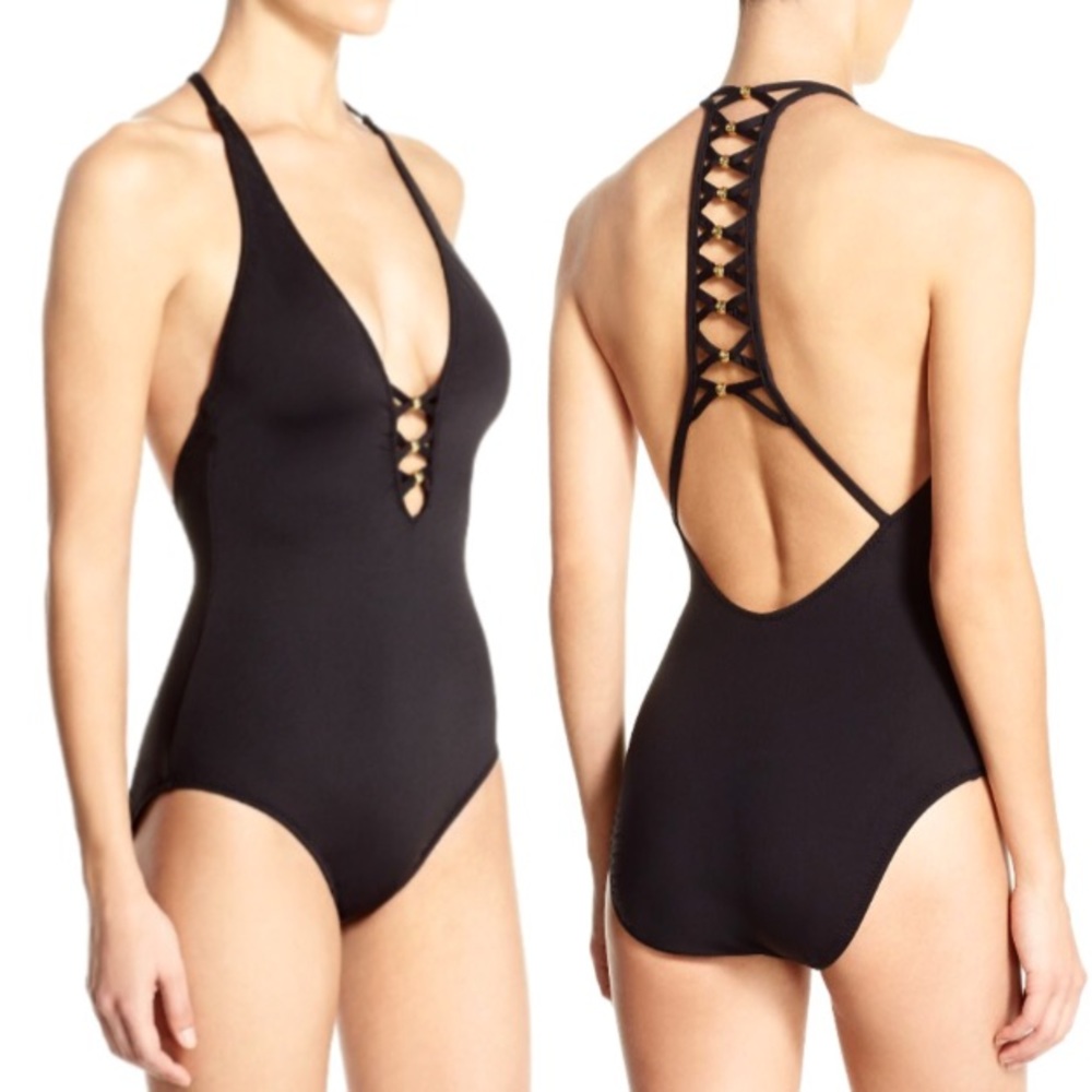 Black Plunge Algiers One Piece SWIMSUIT Gold Bead - Picture 1 of 1