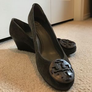 TORY BURCH Grey Suede "Sally" Wedge Shoes