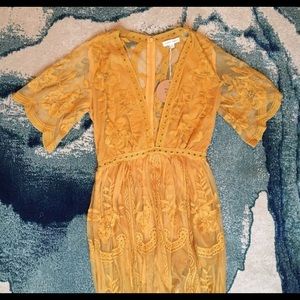 Yellow Mustard Lace Maxi Dress- romper underneath