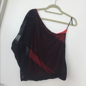 Guess One Shoulder Top, Black Lace Over Red, Small