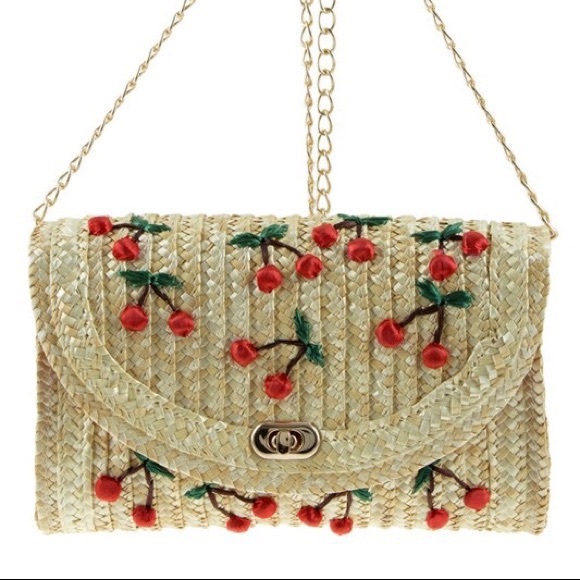 Straw cross body cherry summer 60s inspired bag - Picture 3 of 6