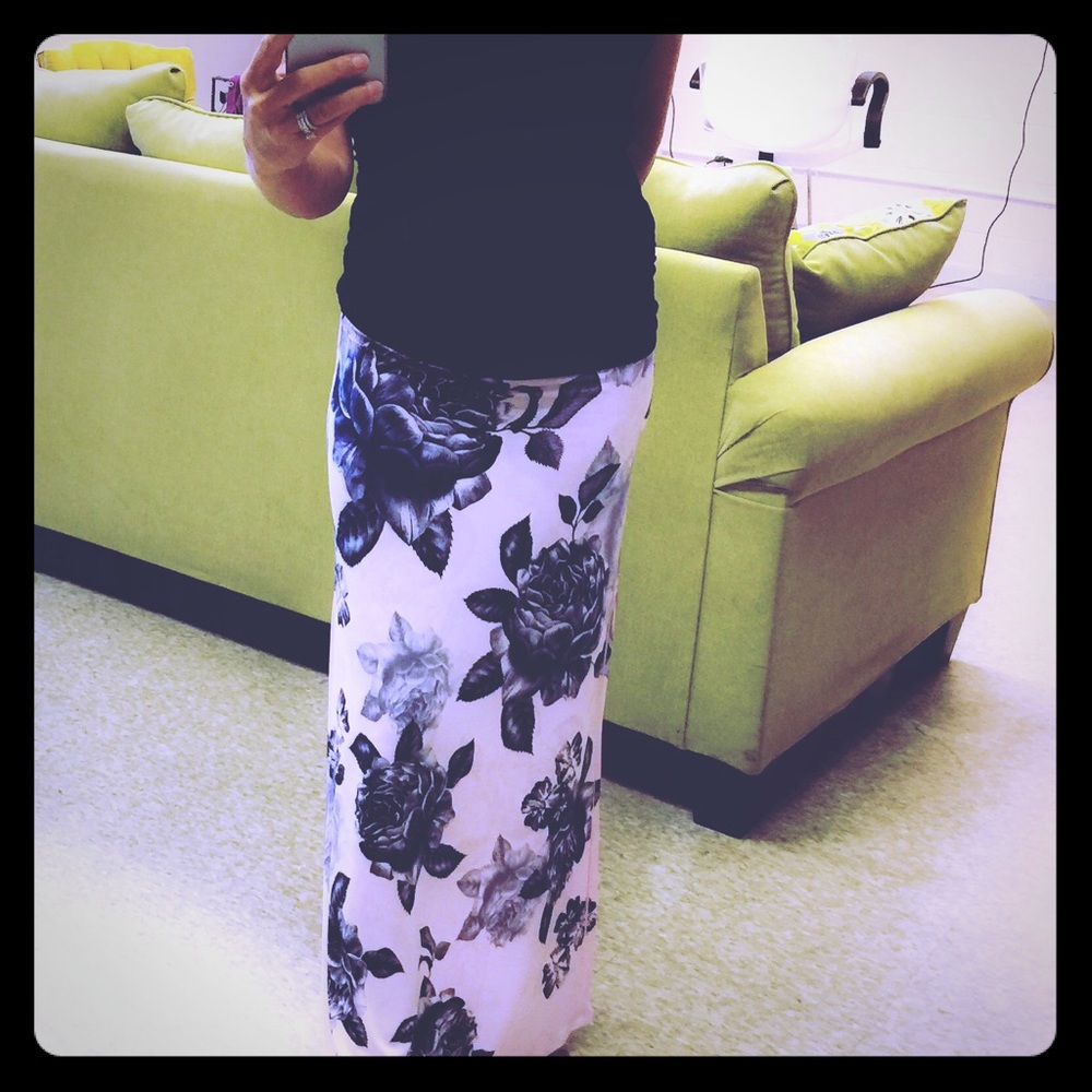 Pink maxi dress with black and gray flowers
