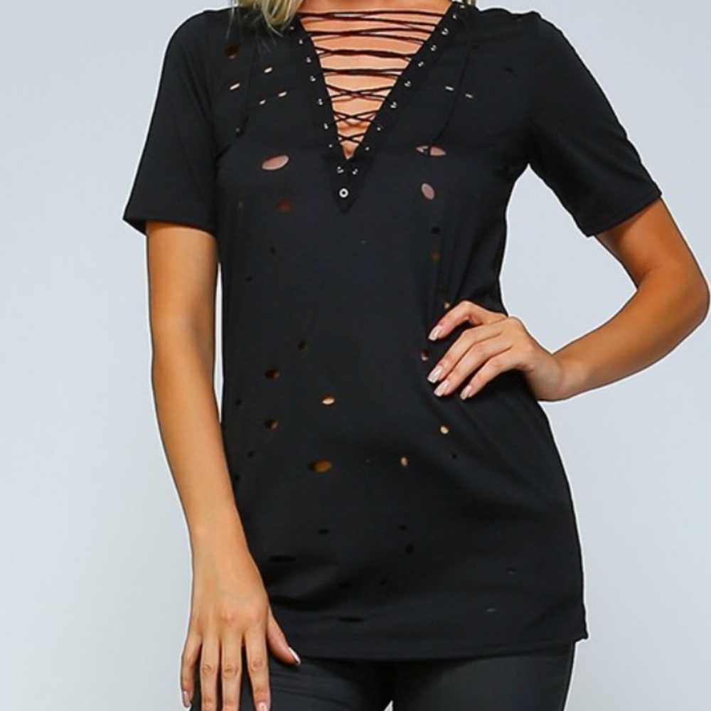 Black criss cross top with distressed holes