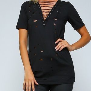 Black criss cross top with distressed holes