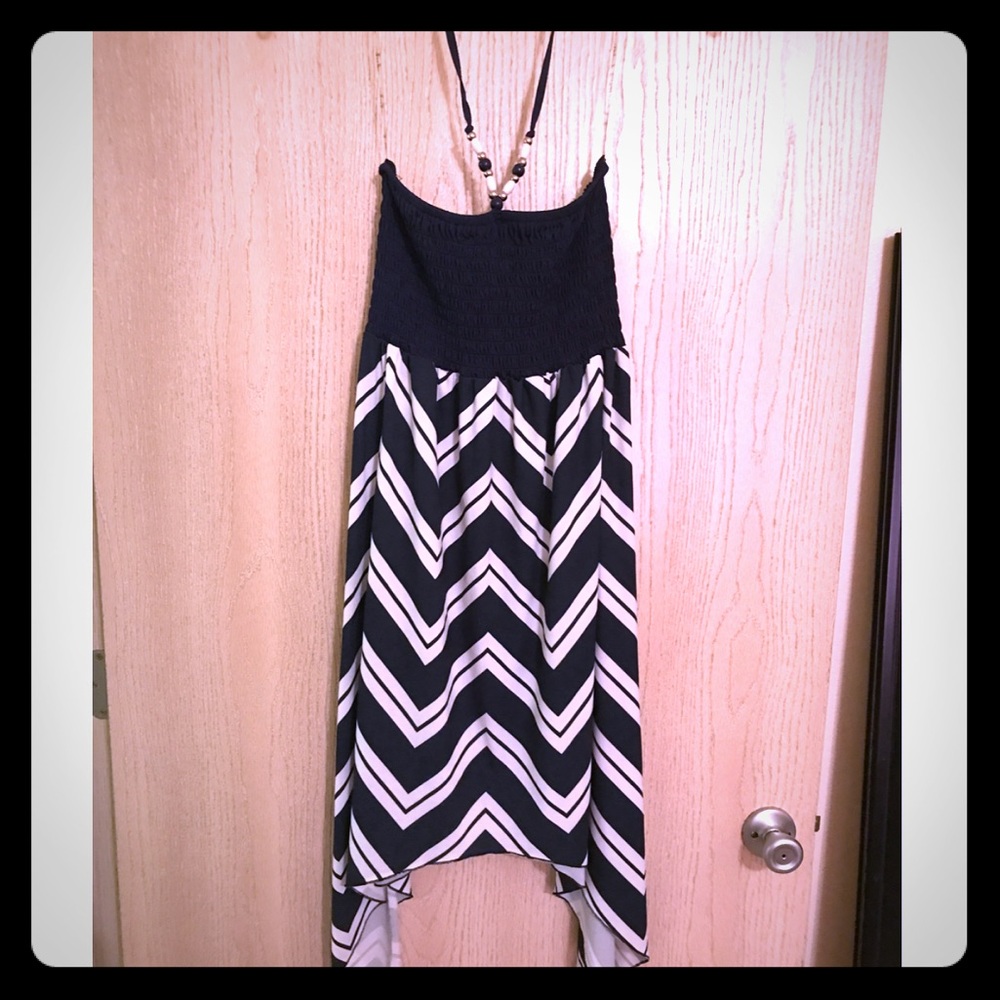 Cute Navy & White Chevron Halter Dress