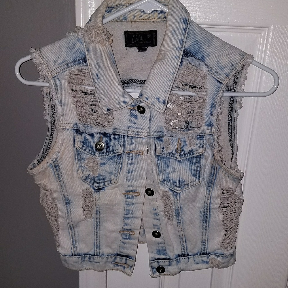 Distressed Cropped Denim Vest