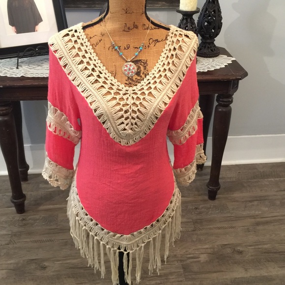 Tops - Boutique type fringed coral and cream blouse