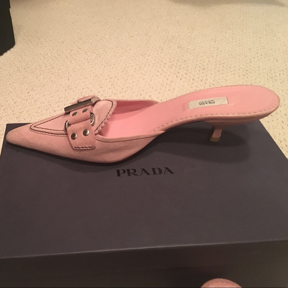 Pink suede Prada Mules