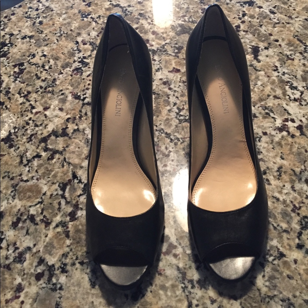 Black leather peep toe high heels