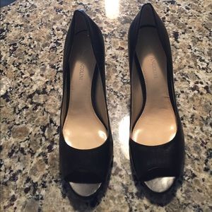 Black leather peep toe high heels