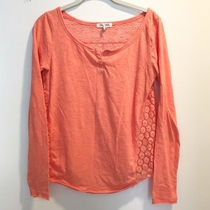 Salmon/orange Henley shirt with sheer lace back