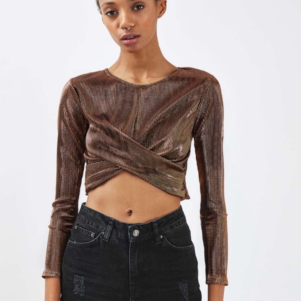 Topshop Women's, bronze Metal Long Sleeve Crop Top