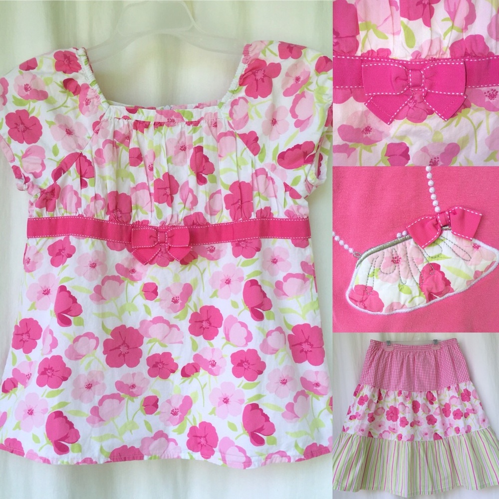 GYMBOREE 🦋 MATCHING SET 🦋 6 PIECES OUTFIT -skirt, t-shirt, blouse, accessories