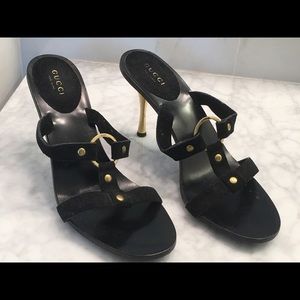AUTHENTIC GUCCI SUEDE HEELS- BLACK/GOLD- EUC- 7