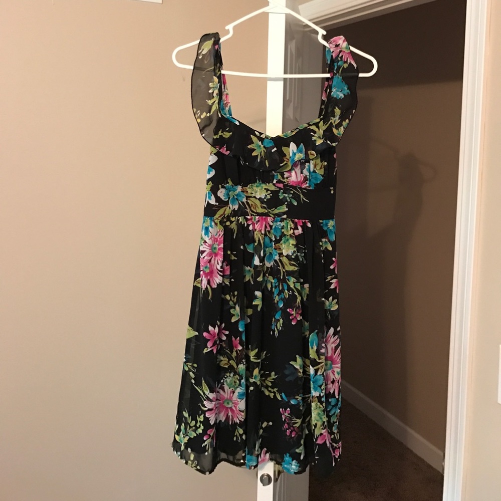 Pink green and blue floral black dress