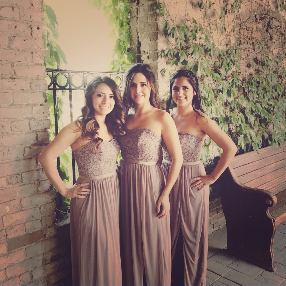 Lace and Mesh Long Strapless Dress (portobello)