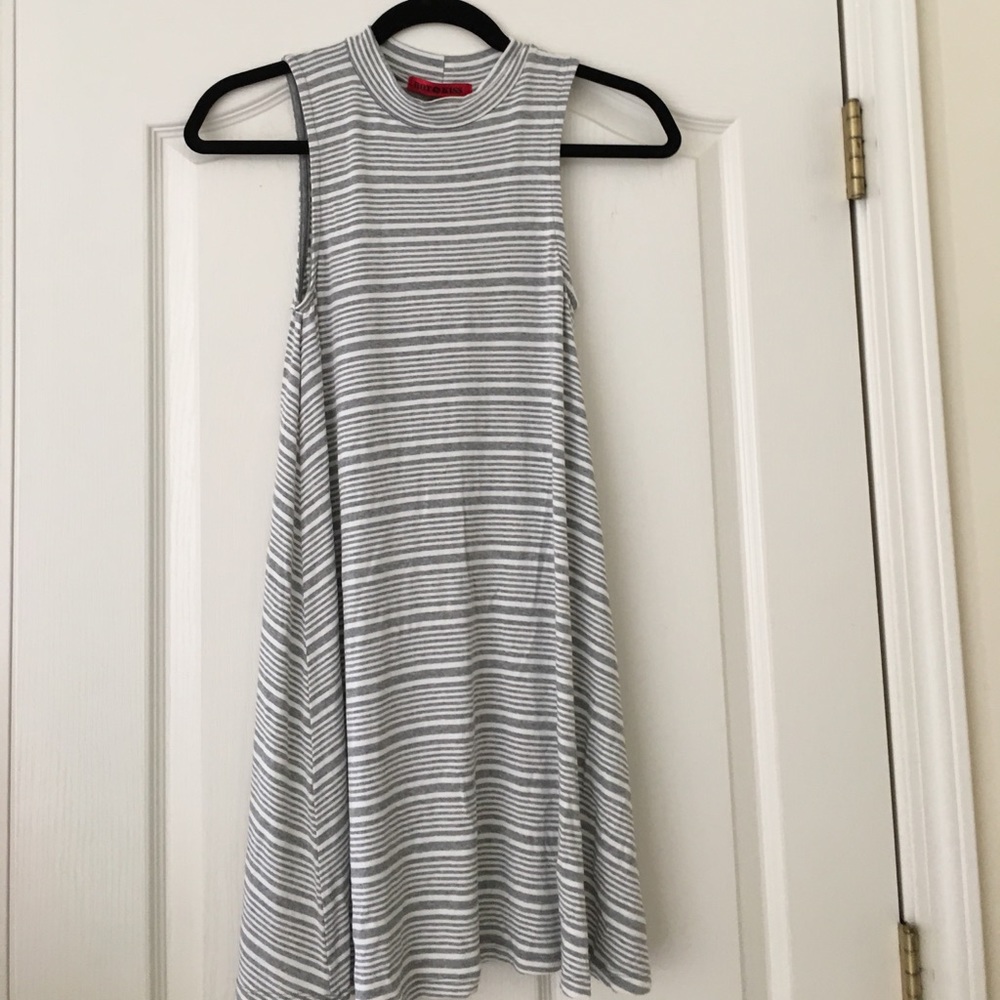 Grey Striped Swing Dress with Mock Neck
