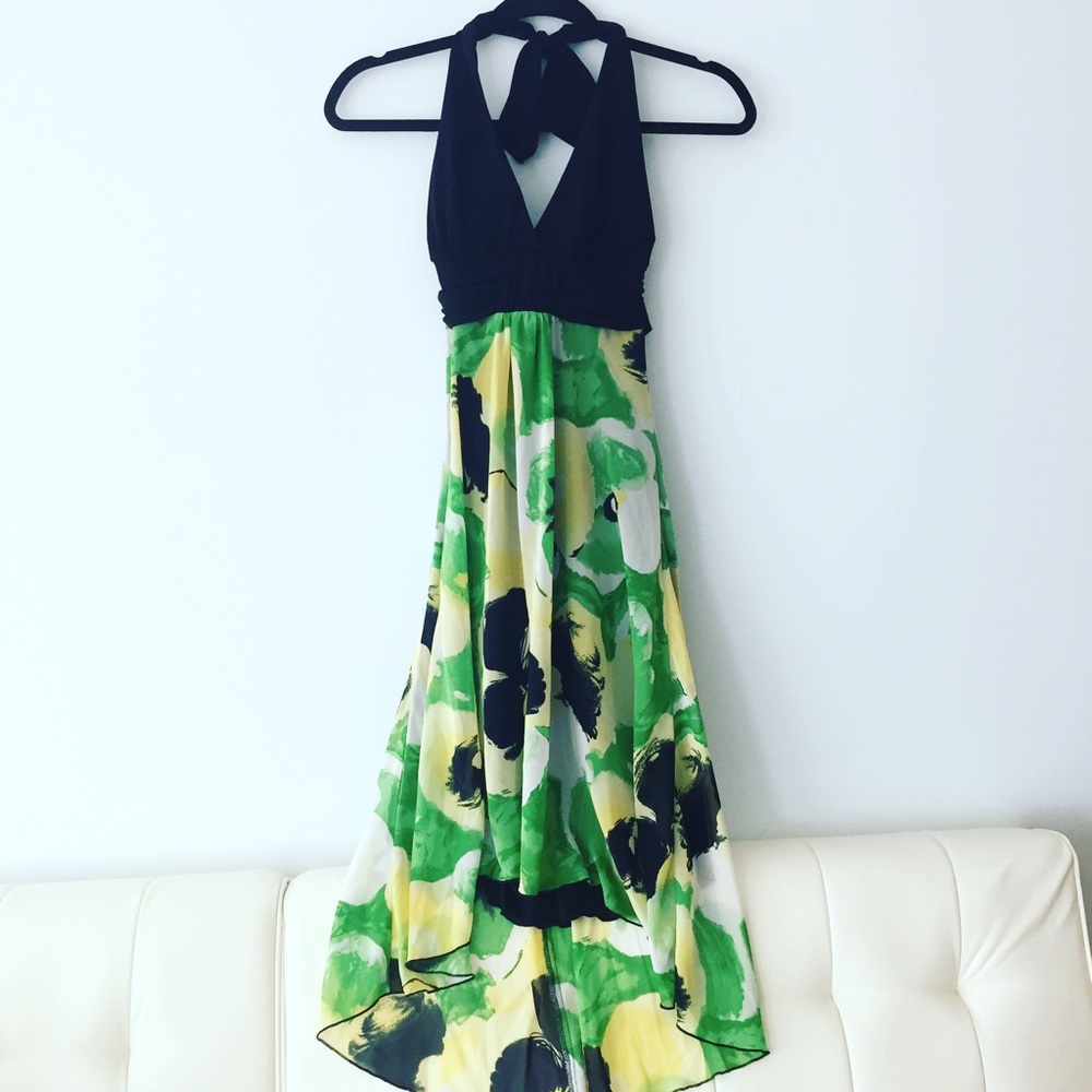 Green yellow floral halter dress