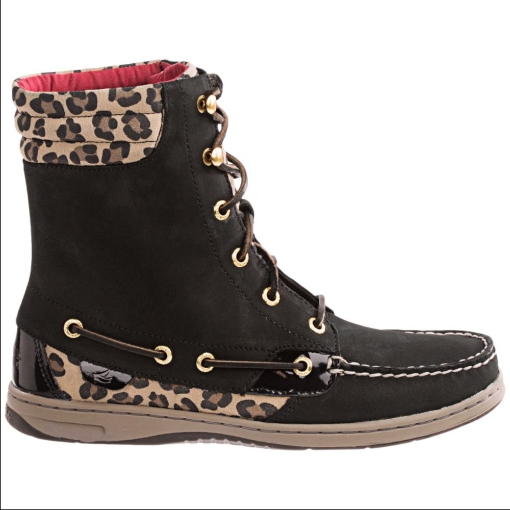 NEW Sperry Hikerfish black leopard boots